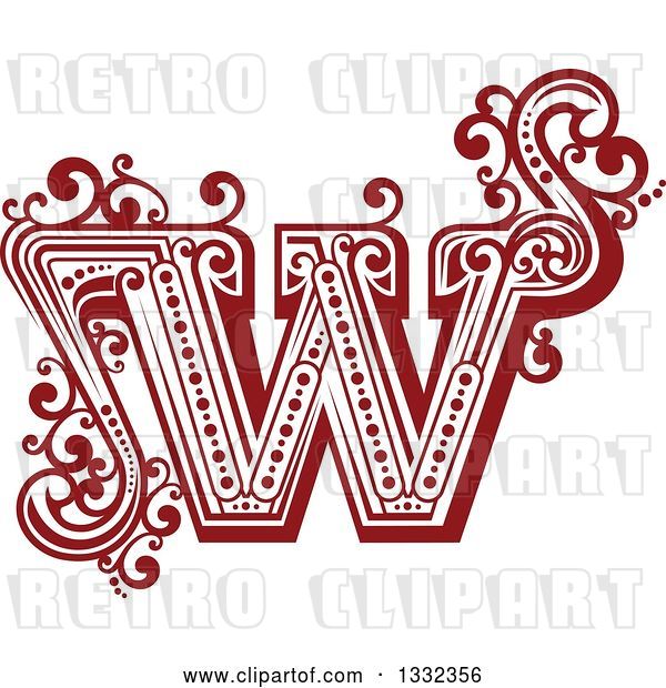 Vector Clip Art of Retro Red Capital Letter W with Flourishes