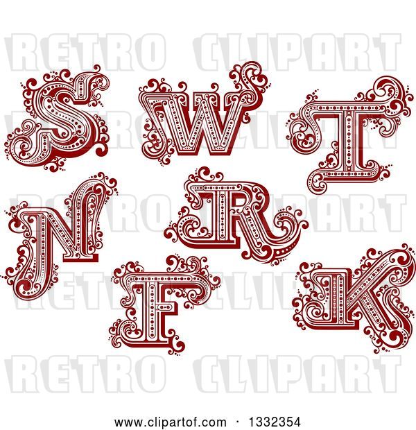 Vector Clip Art of Retro Red Capital Letters S, W, T, N, R, F and K with Flourishes
