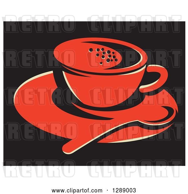 Vector Clip Art of Retro Red Coffee Cup on a Saucer with a Spoon over Black, with a White Border