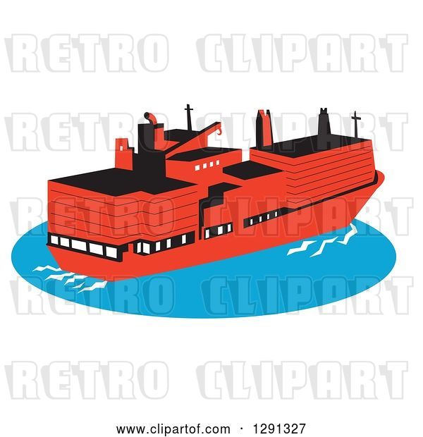 Vector Clip Art of Retro Red Container Cargo Ship on Blue Ocean Water