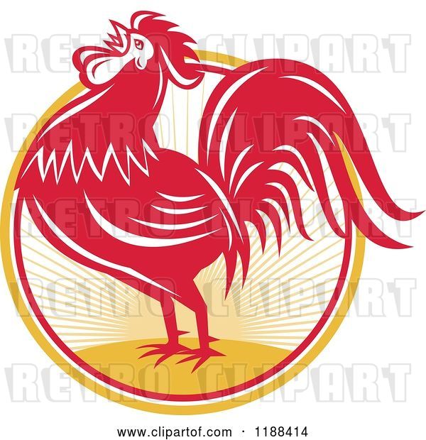Vector Clip Art of Retro Red Crowing Rooster over a Sunrise Circle