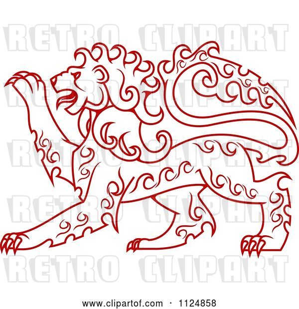 Vector Clip Art of Retro Red Curly Haired Royal Heraldic Lion