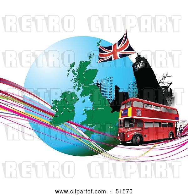 Vector Clip Art of Retro Red Double Decker Bus Passing Big Ben, on an Urban Circle with Continents and Waves