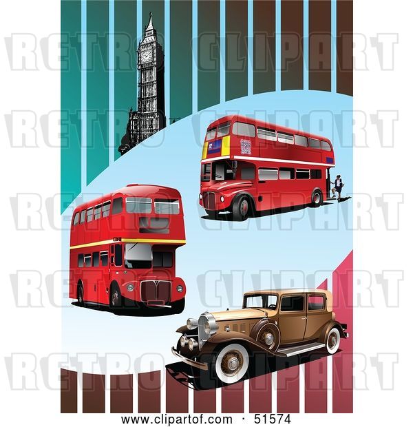 Vector Clip Art of Retro Red Double Decker Buses, Car and Big Ben on a Striped Background