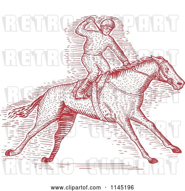 Vector Clip Art of Retro Red Engraved Derby Horse Race Jockey