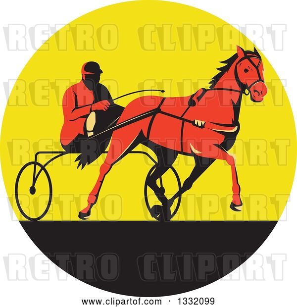 Vector Clip Art of Retro Red Guy Horse Harness Racing in a Yellow and Black Circle