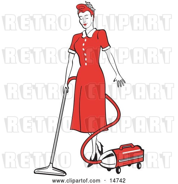 Vector Clip Art of Retro Red Haired Housewife or Maid Lady in a Long Red Dress and Heels, Using a Canister Vacuum to Clean the Floors