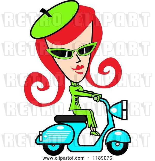 Vector Clip Art of Retro Red Haired Lady Dressed in Green, Riding a Blue Scooter