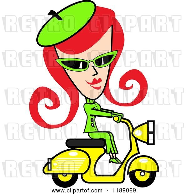 Vector Clip Art of Retro Red Haired Lady Dressed in Green, Riding a Yellow Scooter