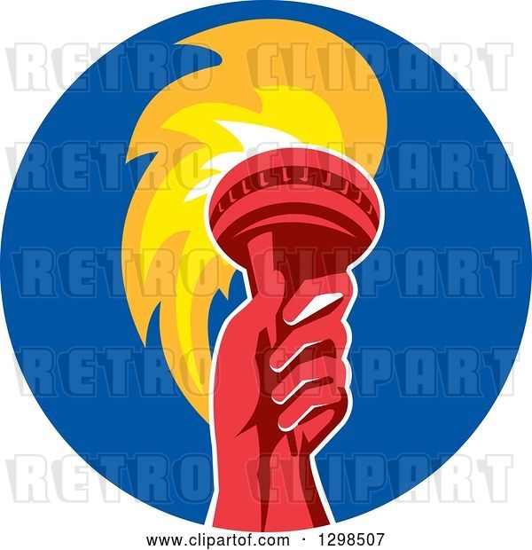 Vector Clip Art of Retro Red Hand Holding up a Torch in a Blue Circle