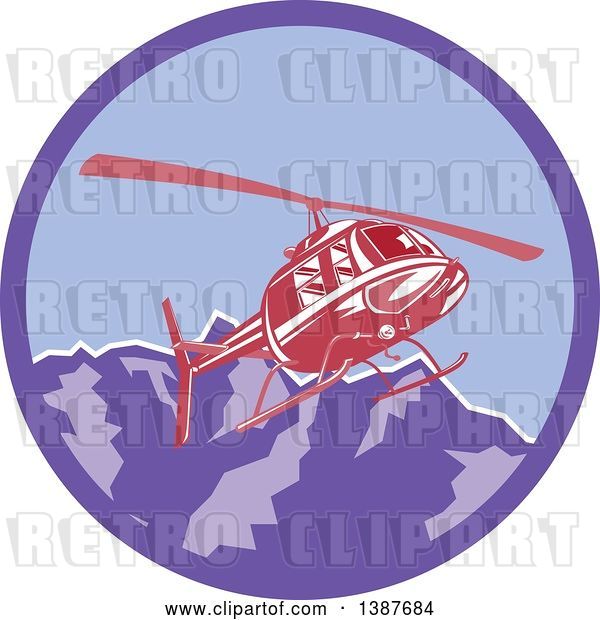 Vector Clip Art of Retro Red Helicopter Flying over the Alps Mountains in a Purple Circle