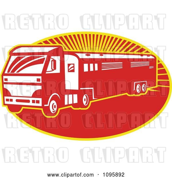 Vector Clip Art of Retro Red Horse Transport Lorry Truck with a Trailer over Rays