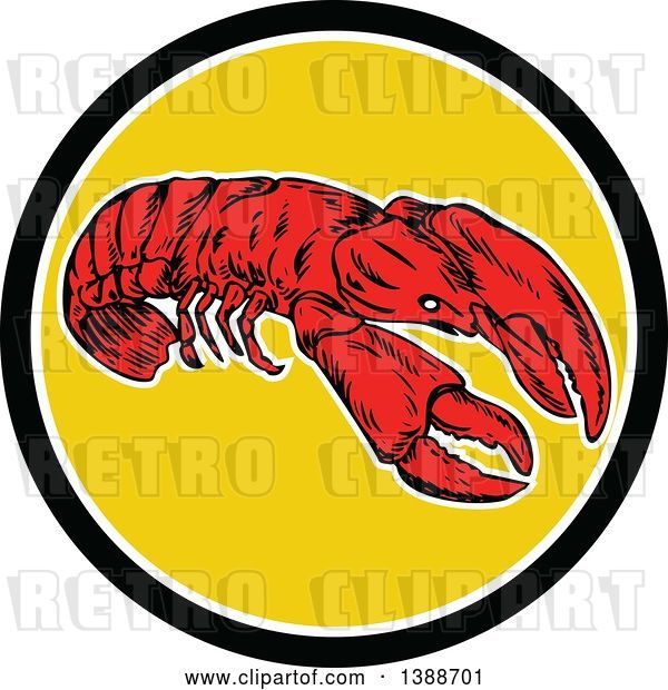 Vector Clip Art of Retro Red Lobster in a Black White and Yellow Circle