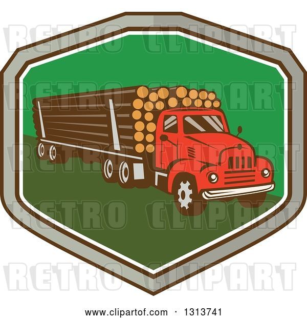 Vector Clip Art of Retro Red Logging Truck Hauling Logs in a Gray, Brown White and Green Shield