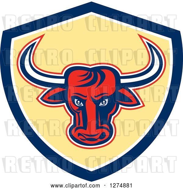 Vector Clip Art of Retro Red Longhorn Bull in a Blue White and Yellow Shield