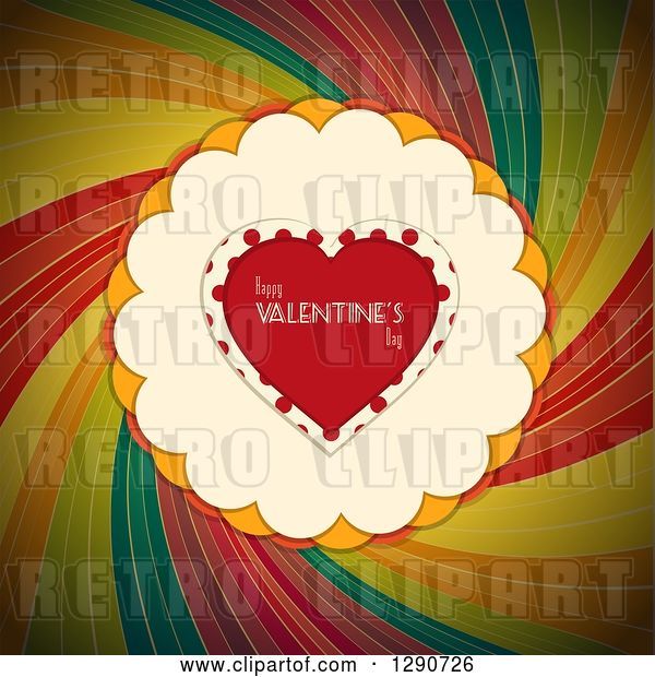 Vector Clip Art of Retro Red Love Heart with Happy Valentines Day Text, Polka Dots, Scallops over a Dark Rainbow Swirl