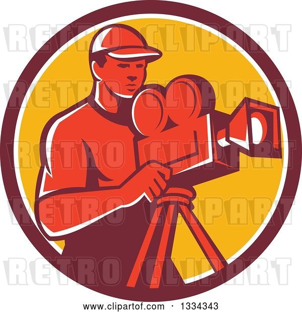 Vector Clip Art of Retro Red Male Cameraman in a Maroon White and Yellow Circle