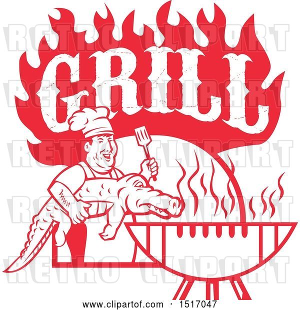 Vector Clip Art of Retro Red Male Chef Carrying and Alligator to a Football Shaped Bbq Under Grill Text Flames