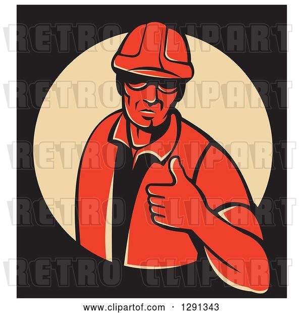Vector Clip Art of Retro Red Male Construction Worker Holding a Thumb up in a Tan Circle on Black, with a White Border