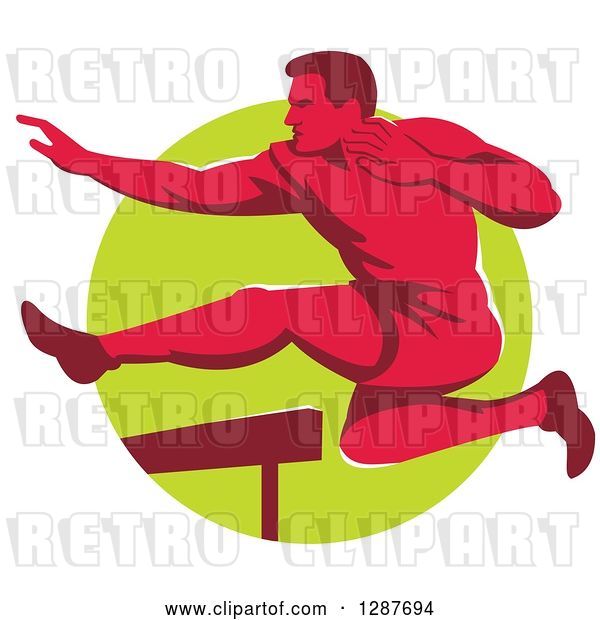Vector Clip Art of Retro Red Male Track and Field Athlete Running and Leaping Hurdles over a Green Circle