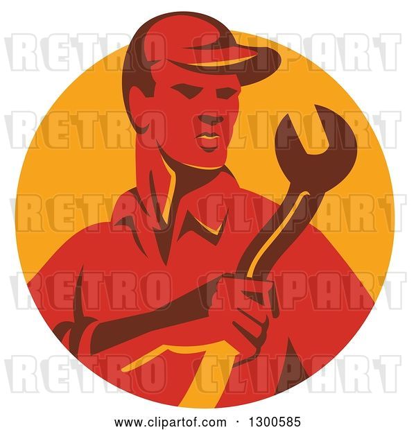 Vector Clip Art of Retro Red Male Worker Holding a Spanner Wrench in a Yellow Circle