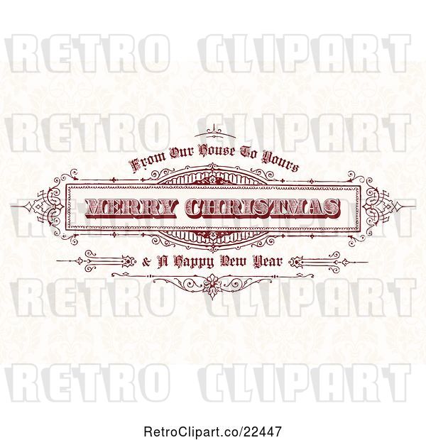 Vector Clip Art of Retro Red Merry Christmas and Happy New Year Greeting over Faint Floral