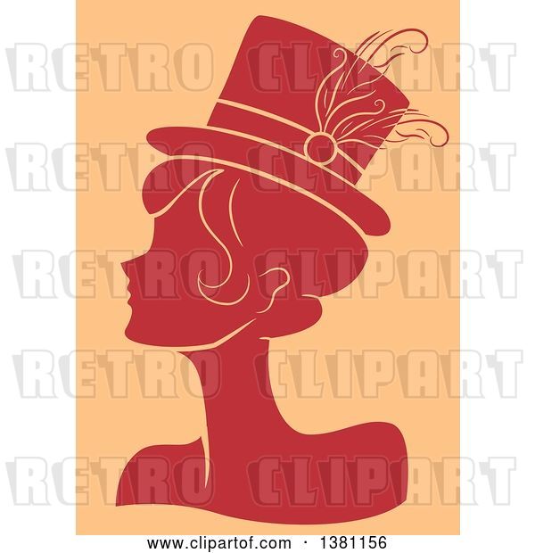Vector Clip Art of Retro Red Silhouetted Burlesque Lady Wearing a Hat over Tan