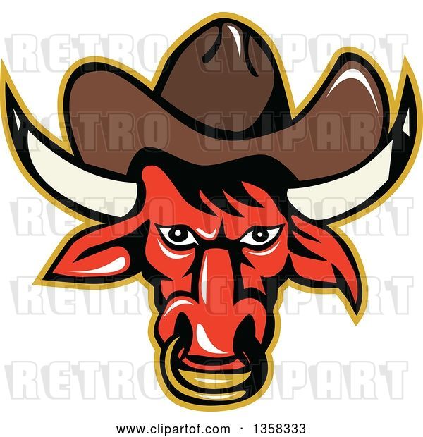 Vector Clip Art of Retro Red Texas Longhorn Bull Wearing a Cowboy Hat and Nose Ring