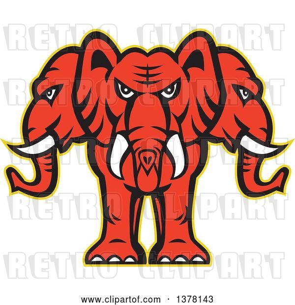 Vector Clip Art of Retro Red Three Headed Elephant with a Yellow Outline