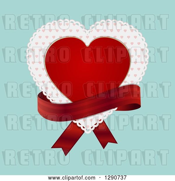 Vector Clip Art of Retro Red Valentine Love Heart over a Patterned Doily with a Red Ribbon over Turquoise