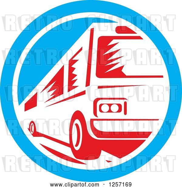 Vector Clip Art of Retro Red Woodcut Bus in a Blue and White Circle