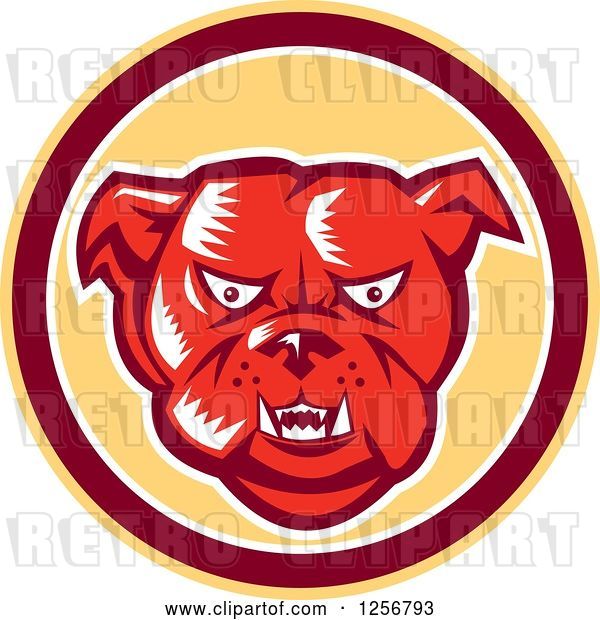 Vector Clip Art of Retro Red Woodcut Guard Bulldog in a Yellow Maroon and White Circle