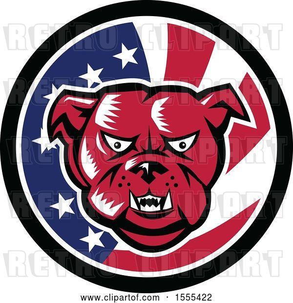 Vector Clip Art of Retro Red Woodcut Guard Bulldog in an American Flag Circle