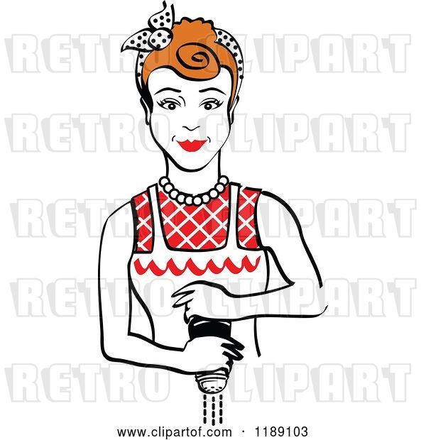 Vector Clip Art of Retro Redhead Housewife or Maid Lady Grinding Fresh Pepper 2