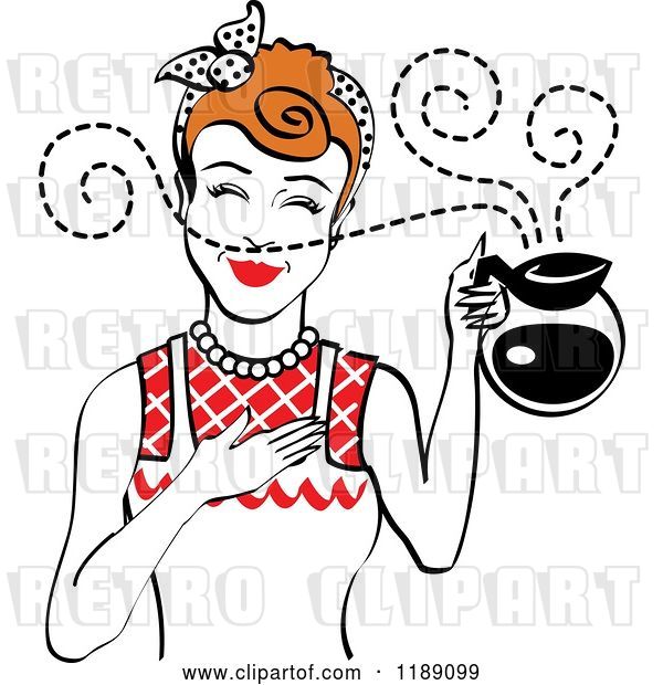 Vector Clip Art of Retro Redhead Waitress or Housewife Smelling the Aroma of Fresh Hot Coffee in a Pot 2