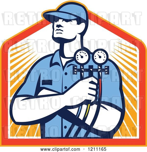 Vector Clip Art of Retro Refrigeration Mechanic Holding Temperature Gauges over Rays