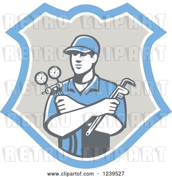 Vector Clip Art of Retro Refrigeration Mechanic Worker Holding a Pressure Gauge in a Shield