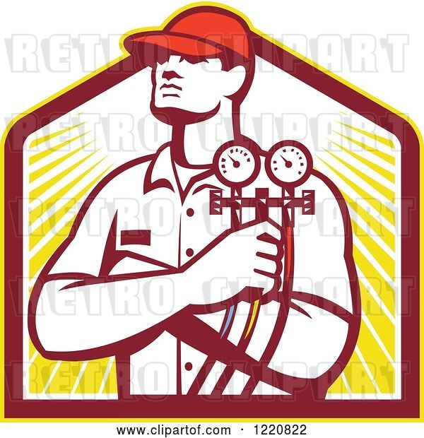 Vector Clip Art of Retro Refrigeration Mechanic Worker Holding a Pressure Gauge over a Shield of Sunshine