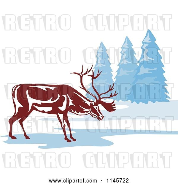 Vector Clip Art of Retro Reindeer on a Frozen Lake