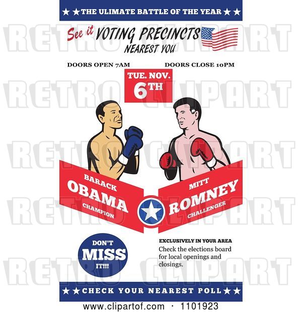 Vector Clip Art of Retro Republican American Presidential Candidate Mitt Romney and President Barack Obama Boxing