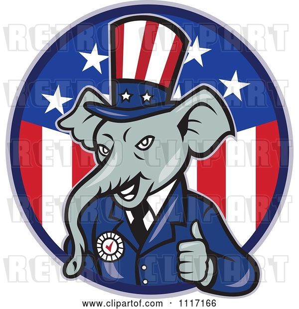 Vector Clip Art of Retro Republican GOP Party Elephant Uncle Sam Holding a Thumb up over an American Circle