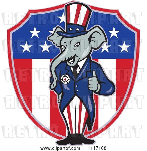 Vector Clip Art of Retro Republican GOP Party Elephant Uncle Sam Holding a Thumb up over an American Shield
