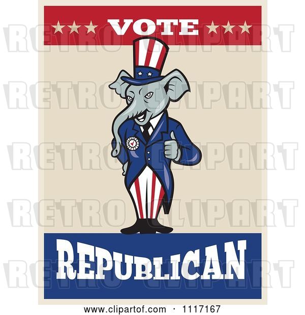Vector Clip Art of Retro Republican GOP Party Elephant Uncle Sam Holding a Thumb up with Vote Text