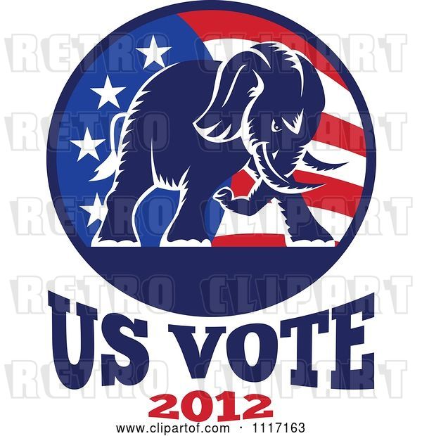 Vector Clip Art of Retro Republican Political Party Elephant and Flag with Us Vote 2012 Text 1