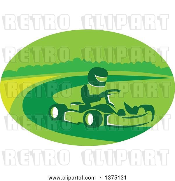 Vector Clip Art of Retro Reto Guy Racing a Go Kart in a Green Oval