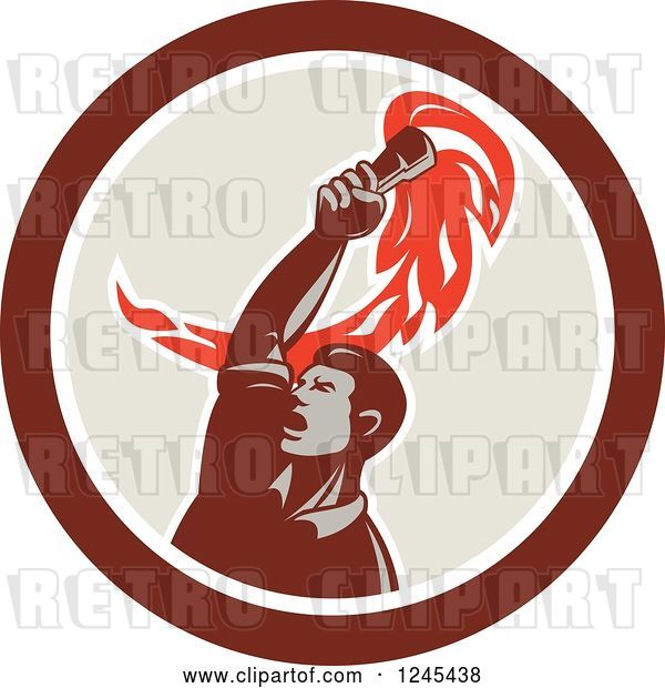 Vector Clip Art of Retro Revolution Male Worker Holding up a Torch in a Circle