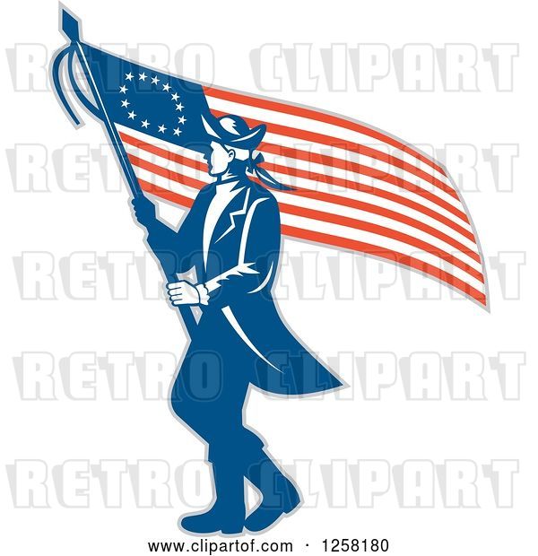 Vector Clip Art of Retro Revolutionary Soldier Walking with an American Betsy Ross Flag