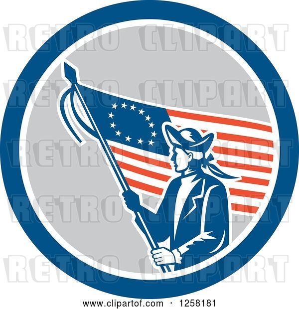 Vector Clip Art of Retro Revolutionary Soldier with an American Betsy Ross Flag in a Blue White and Gray Circle