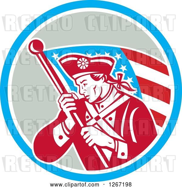 Vector Clip Art of Retro Revolutionary Soldier with an American Flag in a Blue White and Gray Circle