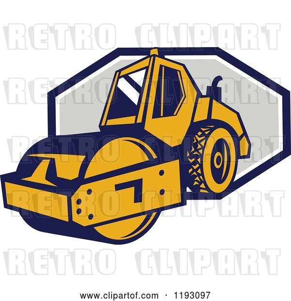 Vector Clip Art of Retro Road Roller Tractor Emerging from an Octagon